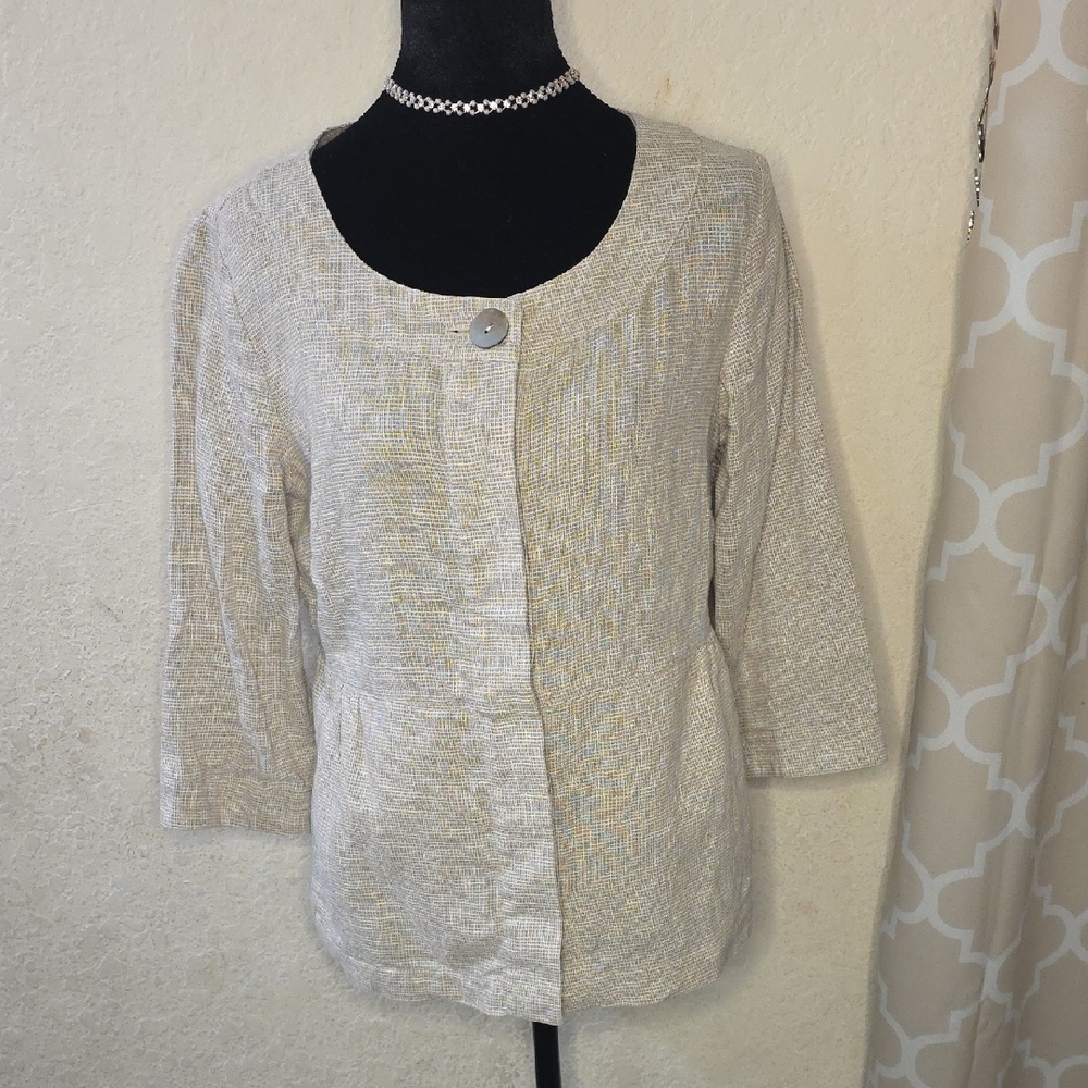 J.Jill Linen Blend Blazer Jacket Womens Med Beige Metallic Pockets 3/4 Sleeve